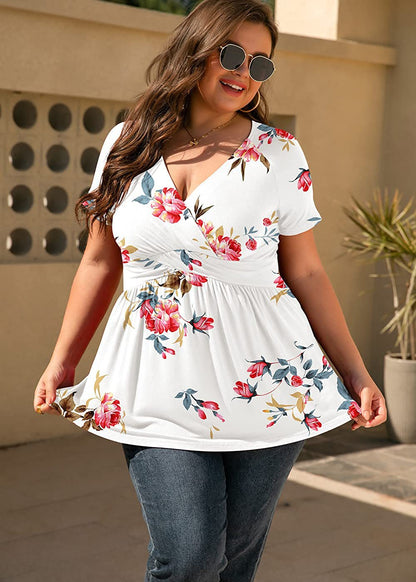 Women Plus Size Floral Print Casual Summer Short Sleeve V Neck Blouse