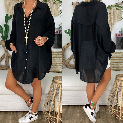 Women Plus Size Casual Basic Solid Color Long Sleeves Beach Style Blouse