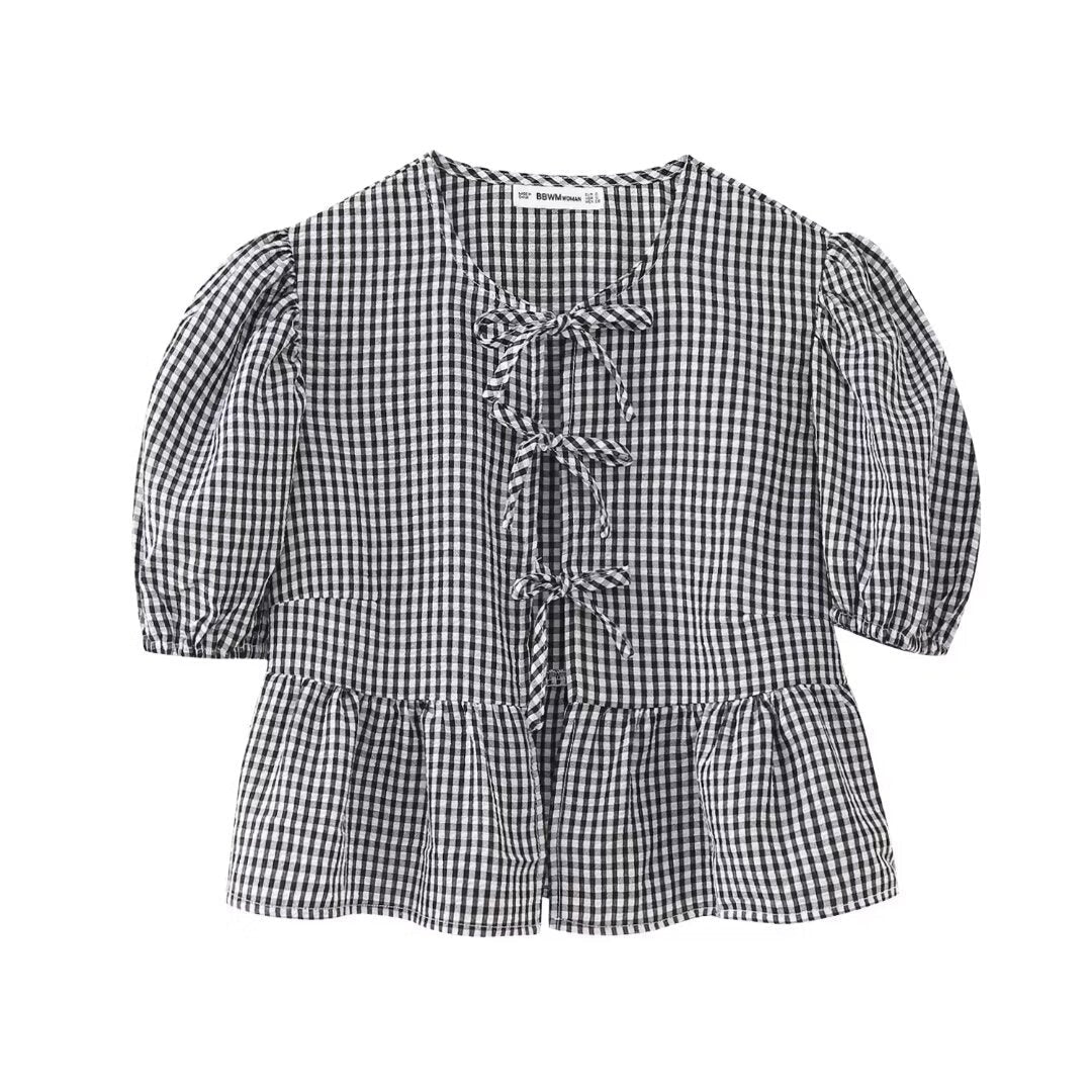Women Sweet Casual Puff Sleeve Bow Knot Ruffled Stripe Leopard Blouse