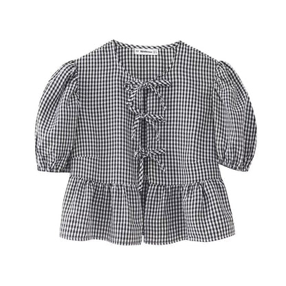 Women Sweet Casual Puff Sleeve Bow Knot Ruffled Stripe Leopard Blouse