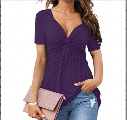 Women Fashion Casual Pleated Solid Color V-Neck Short-Sleeve Blouse