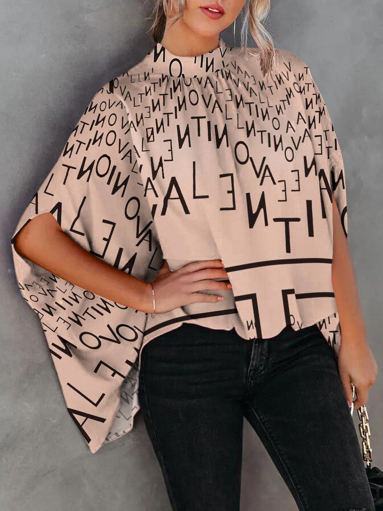 Women Elegant Office Work Casual Loose Fashion Batwing Sleeve Print Round Neck Summer Office Lady Blouse