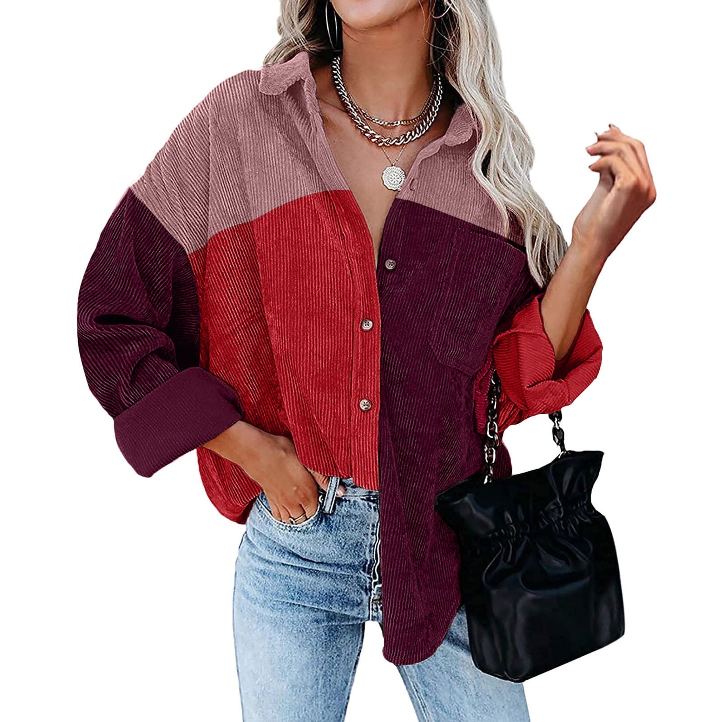 Women Casual Color Blocking Long Sleeve Lapel Single-breasted Patchwork Blouse
