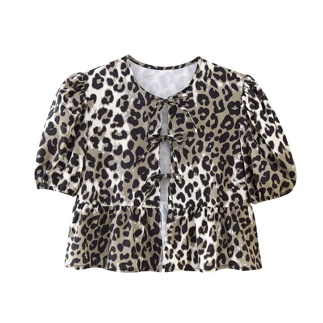 Women Sweet Casual Puff Sleeve Bow Knot Ruffled Stripe Leopard Blouse