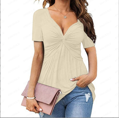 Women Fashion Casual Pleated Solid Color V-Neck Short-Sleeve Blouse