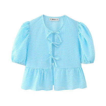 Women Sweet Casual Puff Sleeve Bow Knot Ruffled Stripe Leopard Blouse