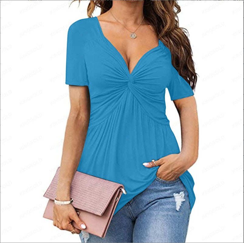 Women Fashion Casual Pleated Solid Color V-Neck Short-Sleeve Blouse