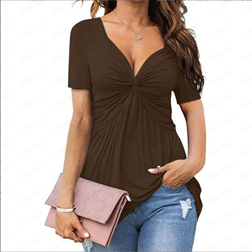 Women Fashion Casual Pleated Solid Color V-Neck Short-Sleeve Blouse