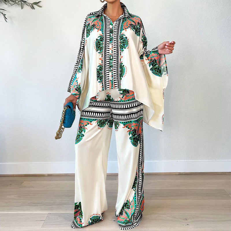 Women Summer Casual Printed Bat Sleeve Blouse Loose Pants Two-Piece Set