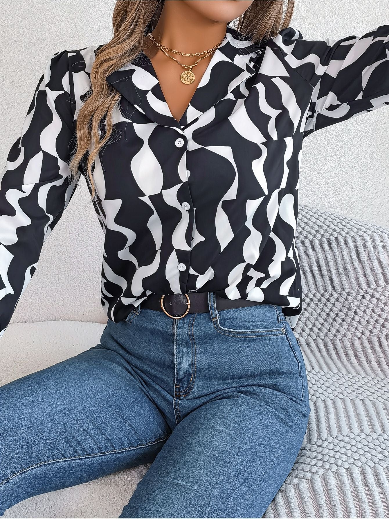 Women Fashion Casual Office Color Block Stripe Long Sleeve Blouse