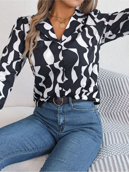 Women Fashion Casual Office Color Block Stripe Long Sleeve Blouse