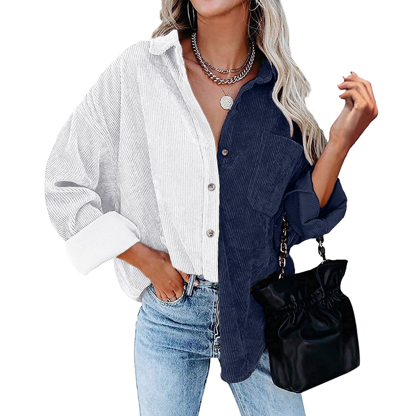 Women Casual Color Blocking Long Sleeve Lapel Single-breasted Patchwork Blouse