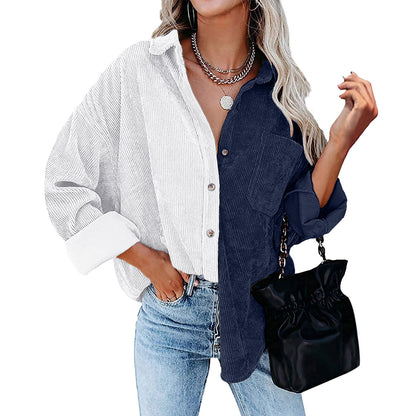 Women Casual Color Blocking Long Sleeve Lapel Single-breasted Patchwork Blouse