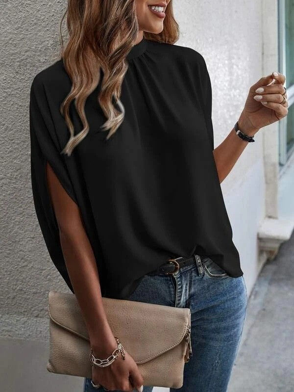 Women Summer Casual Fashion Solid Color Bat Sleeve Blouse