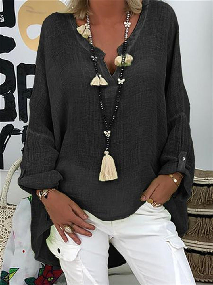 Plus Size Solid Long Sleeve Women Loose Casual V Neck Blouse