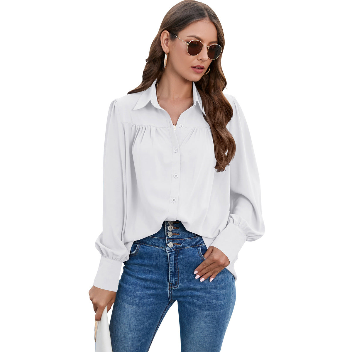 Women Casual Solid Color Chiffon Pleated Long Sleeve Plus Size Blouse