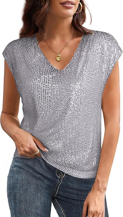 Women Fashion Casual Solid Color Sequin V-Neck Short Sleeve Blouse