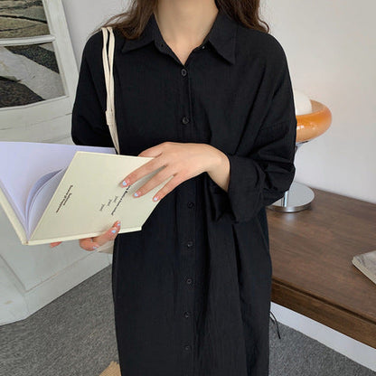 Women Casual Cozy Style Simple Ultra-Long Shirt Solid Color Lapel Cardigan Long Blouse