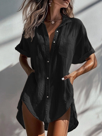 Women Fashion Casual Irregular Solid Color Lapel Short-Sleeve Blouse