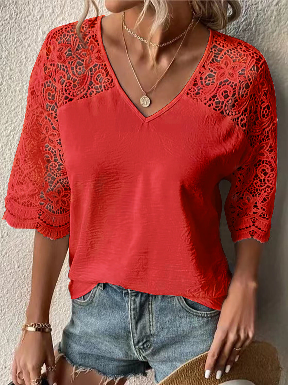 Women Fashion Casual Solid Lace Patchwork V Neck Blouse