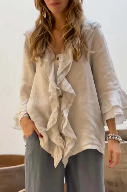 Women Fashion Casual Solid Color V-Neck Ruffled Long Sleeve Loose Blouse