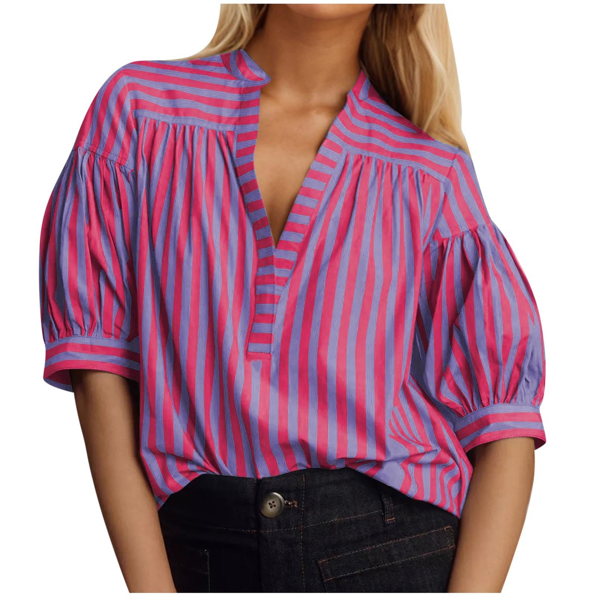 Women Fashion Casual Stripe Stitching V-Neck Long-Sleeve Blouse