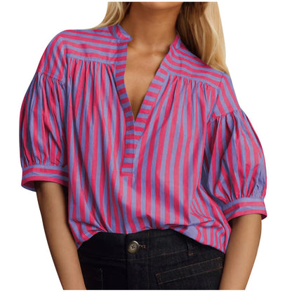 Women Fashion Casual Stripe Stitching V-Neck Long-Sleeve Blouse