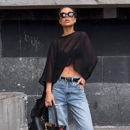 Women Fashion Casual Loose Chiffon Long-Sleeve Blouse
