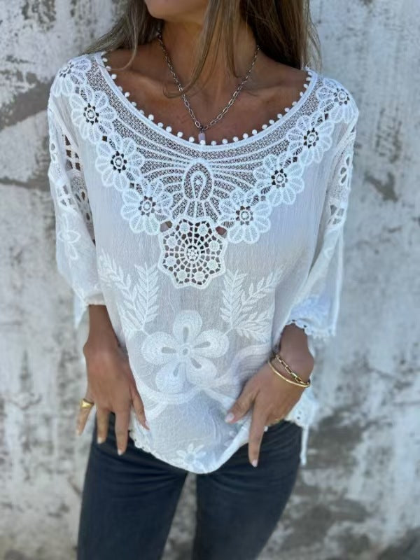 Women Casual Boho Loose Hollow-Out Embroidered Long-Sleeve Blouse