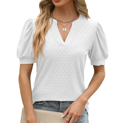 Casual Women Summer V-Neck Puff Sleeve Pleated Short-Sleeved Loose Blouse