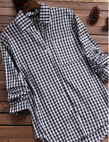 Women Casual Plaid Lapel Long-sleeved Single-breasted Blouse