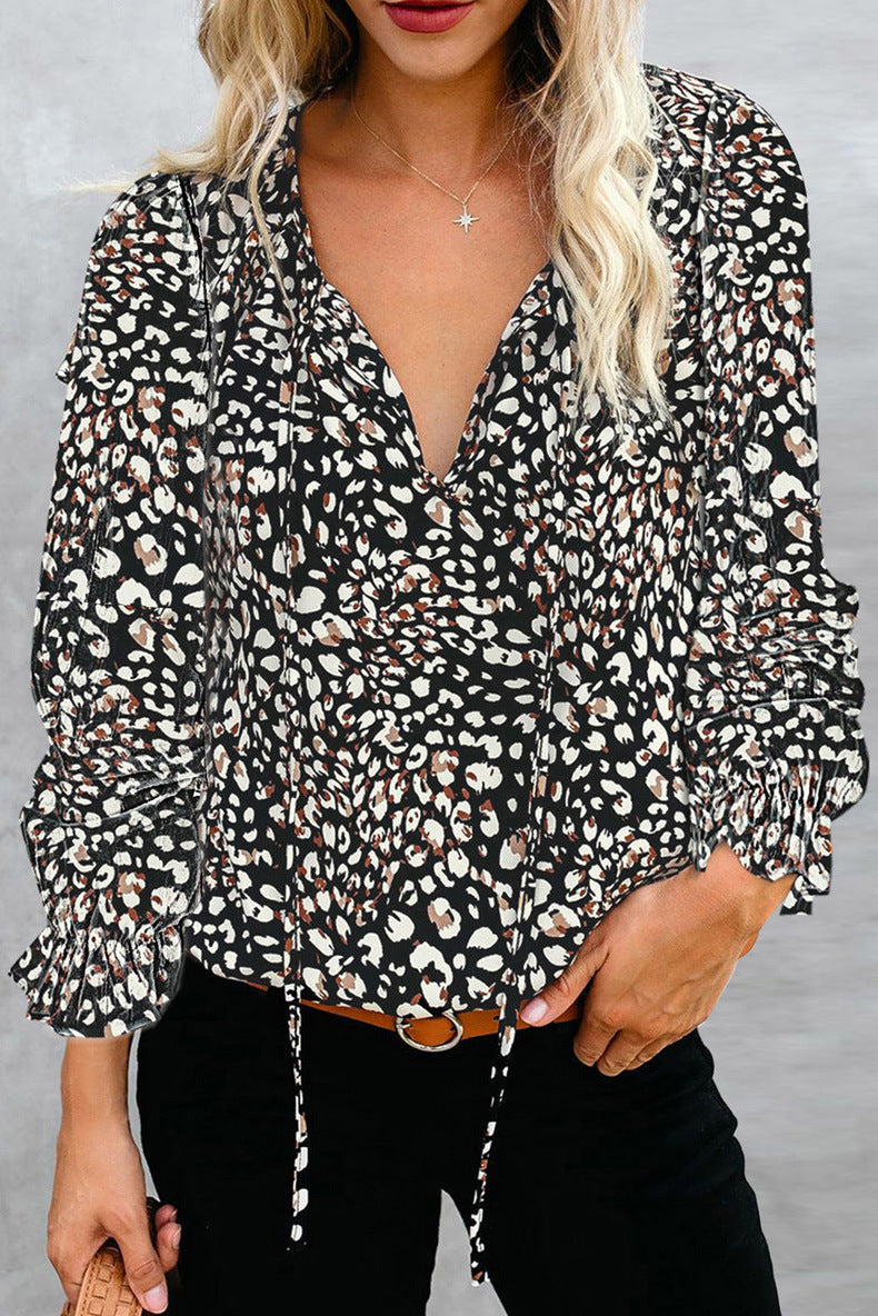 Women Fashion Casual Floral Printed V-Neck Long Sleeve Blouse
