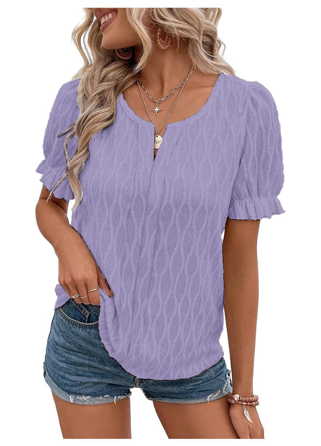 Women Fashion Casual Solid Color Jacquard V-Neck Puff Sleeve Blouse