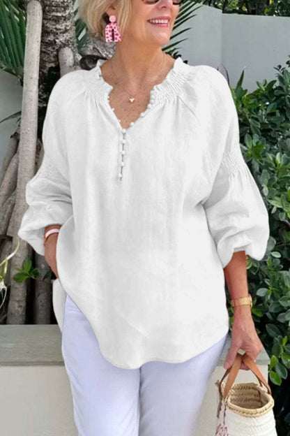 Women Fashion Casual Solid Color Cotton And Linen V-Neck Long Sleeve Blouse