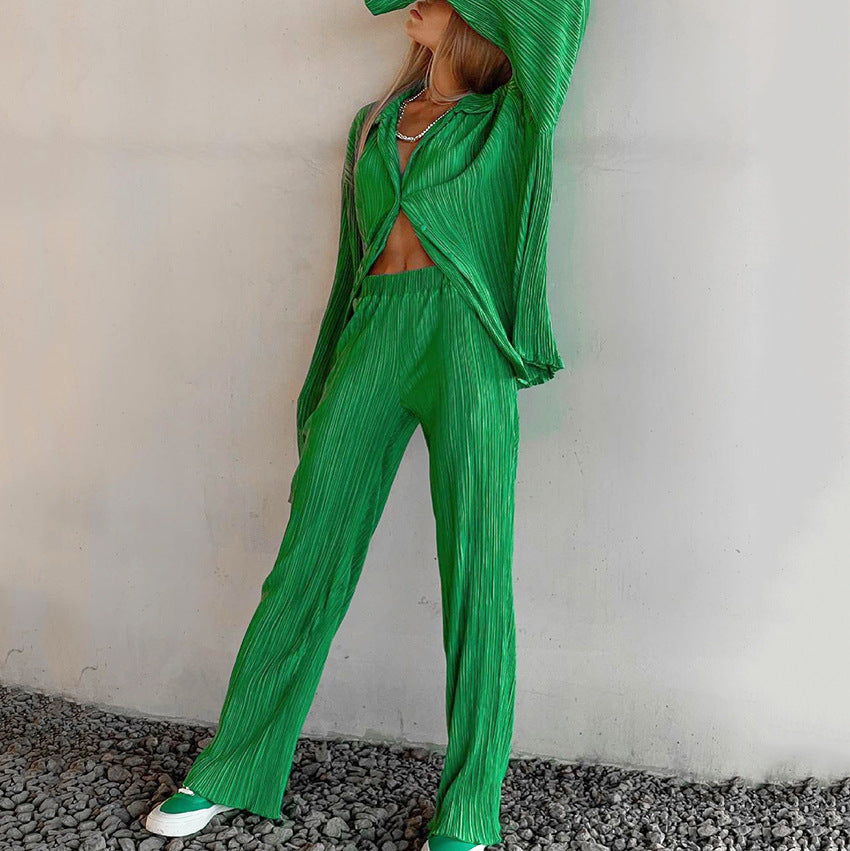 Women Casual Athleisure Long-sleeved Loose Creased Single-breasted Blouse And Solid Color Wide-leg Pants Two-piece Set