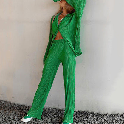 Women Casual Athleisure Long-sleeved Loose Creased Single-breasted Blouse And Solid Color Wide-leg Pants Two-piece Set