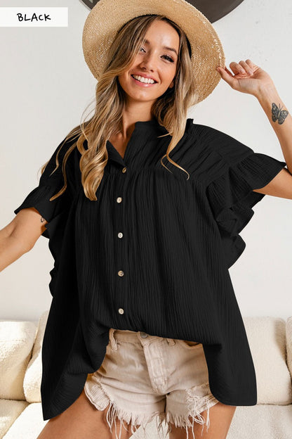 Women Fashion Casual Solid Color Pleated Stand Collar Single Breasted Blouse