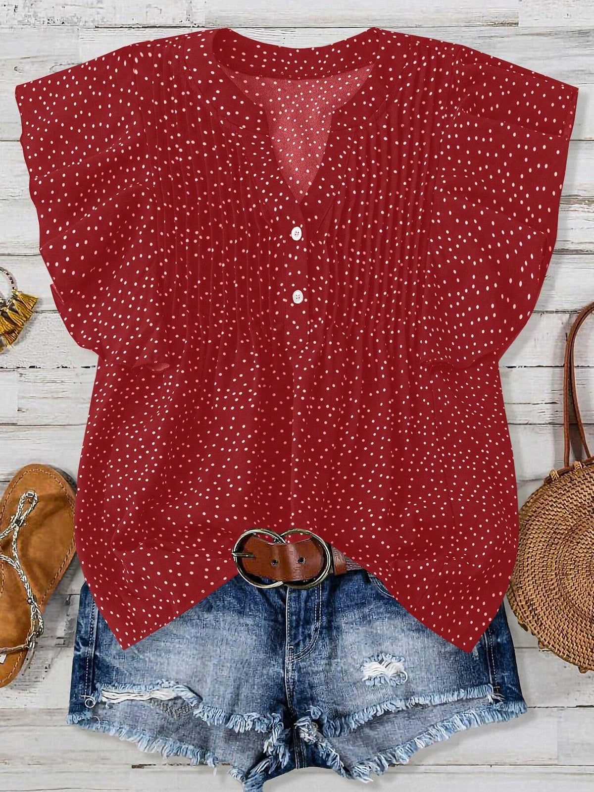 Women Fashion Casual Solid Color Pleated Dot Printed V-Neck Sleeveless Blouse