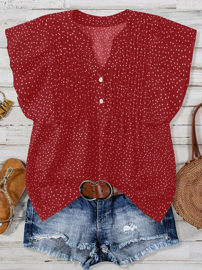Women Fashion Casual Solid Color Pleated Dot Printed V-Neck Sleeveless Blouse