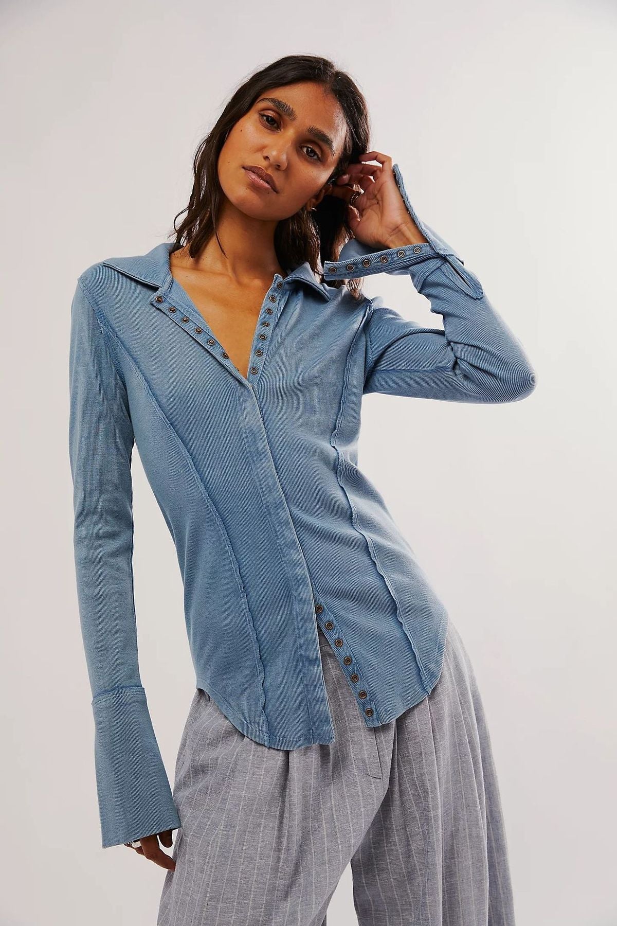 Women Fashion Casual Solid Color Long Sleeve Slim-Fit Lapel Single Breasted Blouse