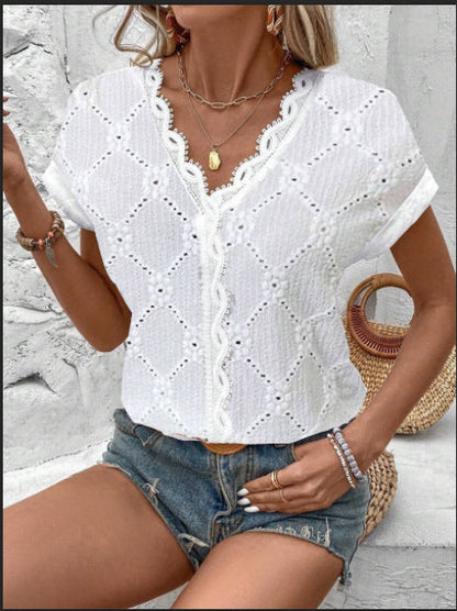Summer Casual V-Neck Solid Color Lace Stitching Women V Neck Short Sleeve Blouse