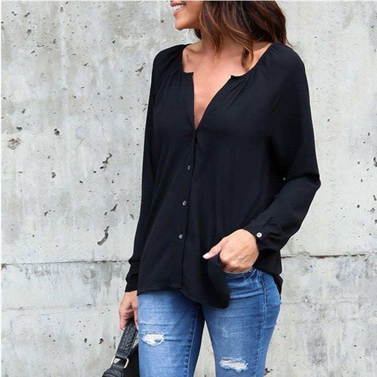 Women Casual V-Neck Button Long-Sleeved Loose Chiffon Blouse