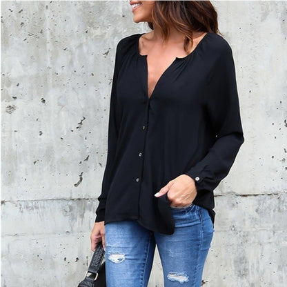 Women Casual V-Neck Button Long-Sleeved Loose Chiffon Blouse
