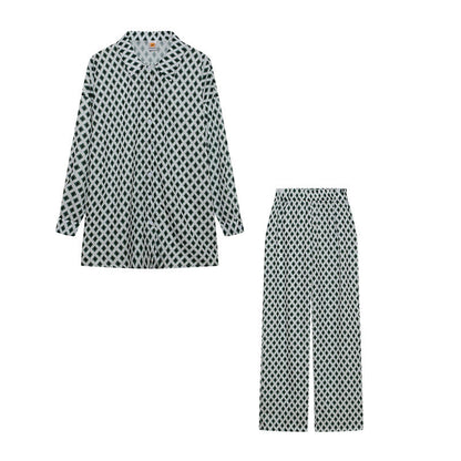 Women Fashion Casual Stripe Print Long Sleeve Blouse Pants Set
