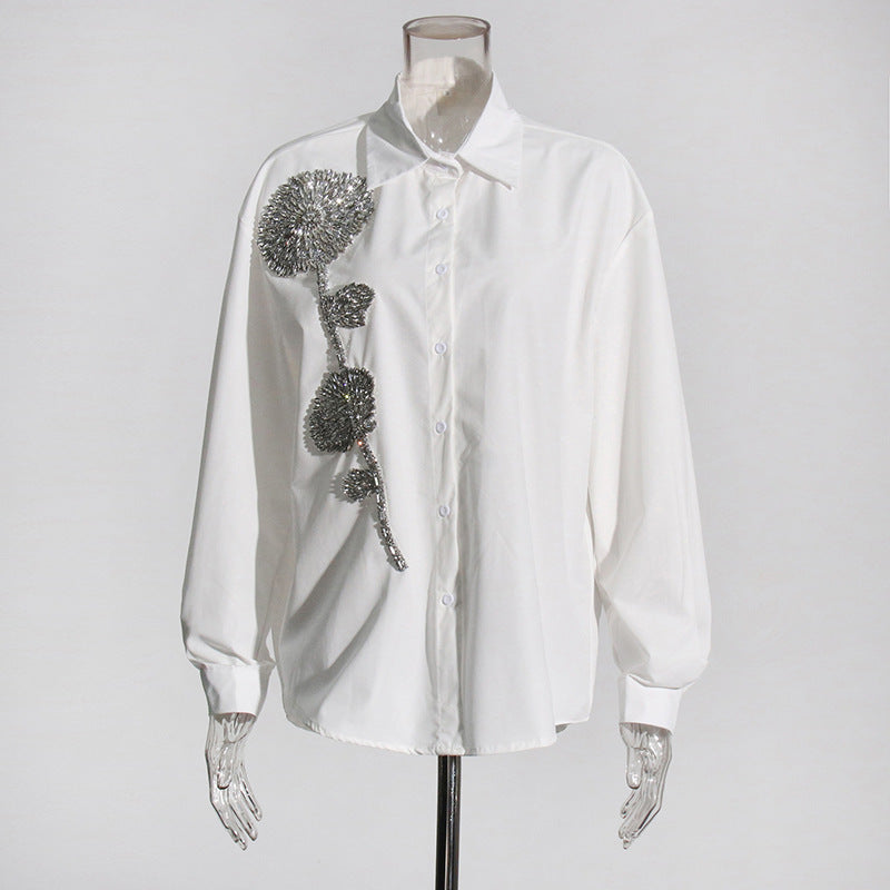 Women Fashion Casual Loose Rhinestone Flower Lapel Long-Sleeve Blouse