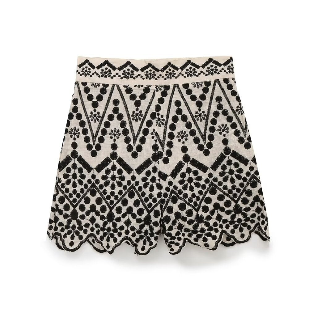 Women Fashion Casual Contrast Color Embroidered Lapel Blouse High Waist Shorts Two-Piece Set