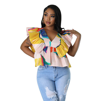 Women Fashion Casual Vacation Creased Floral Printed Lace Up V-Neck Short Sleeve Blouse