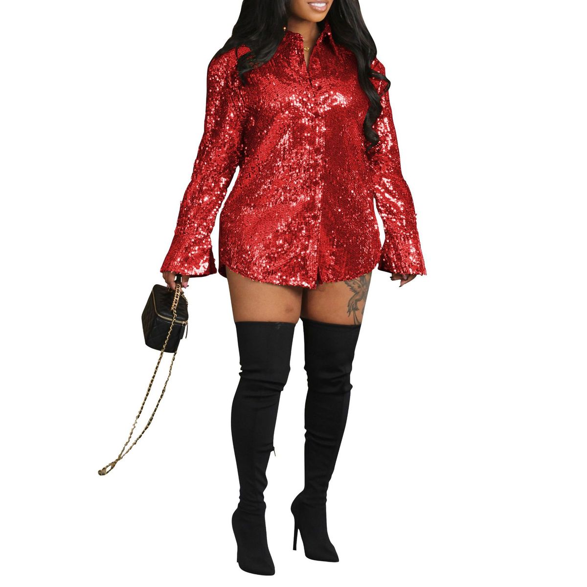 Women Fashion Casual Solid Color Lapel Long-Sleeve Sequin Blouse