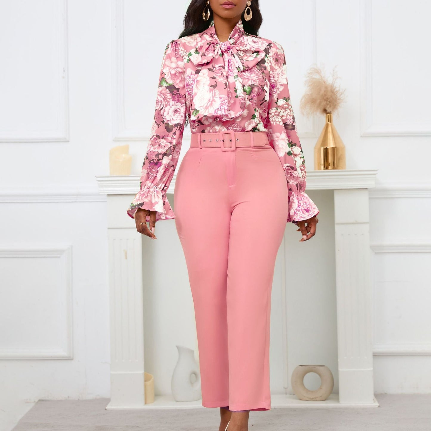 Women Fashion Casual Floral Printing Blouse Solid Color Pants Two-Piece Set