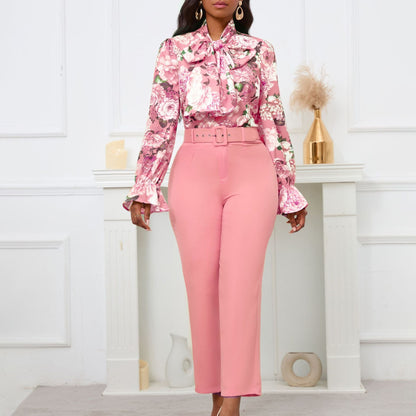 Women Fashion Casual Floral Printing Blouse Solid Color Pants Two-Piece Set